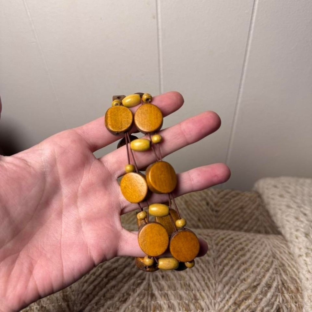 Boho Wooden Disc Stretch Bracelet Earthy Brown Olive Green Beaded Statement - Picture 3 of 8